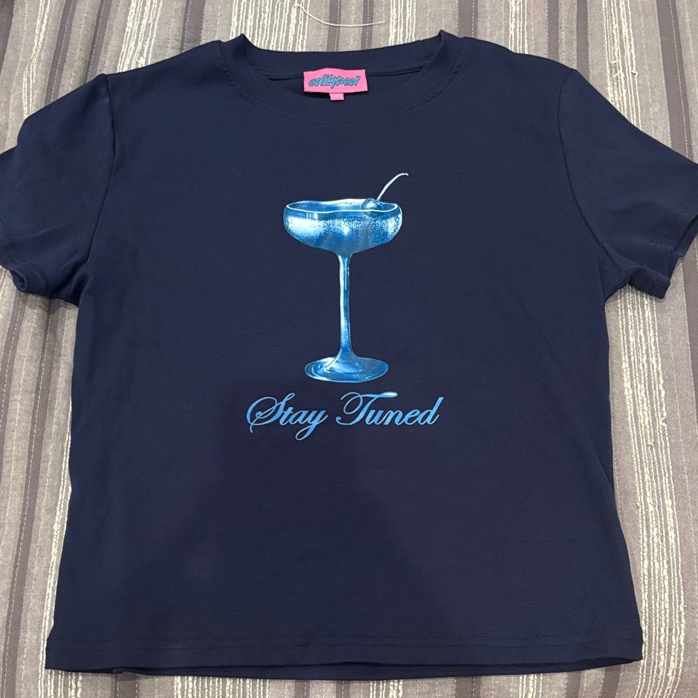 Edikted Navy Blue Crop Top with Drink Graphic